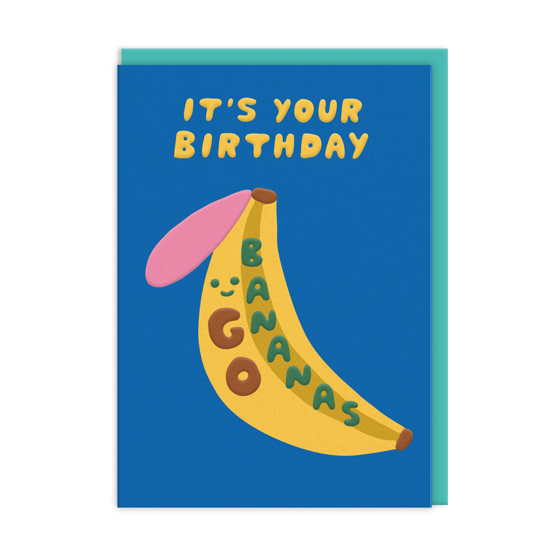 Go Bananas Birthday Card, solid blue card with a groovy banana illustration, card reads 'It's your birthday go bananas'