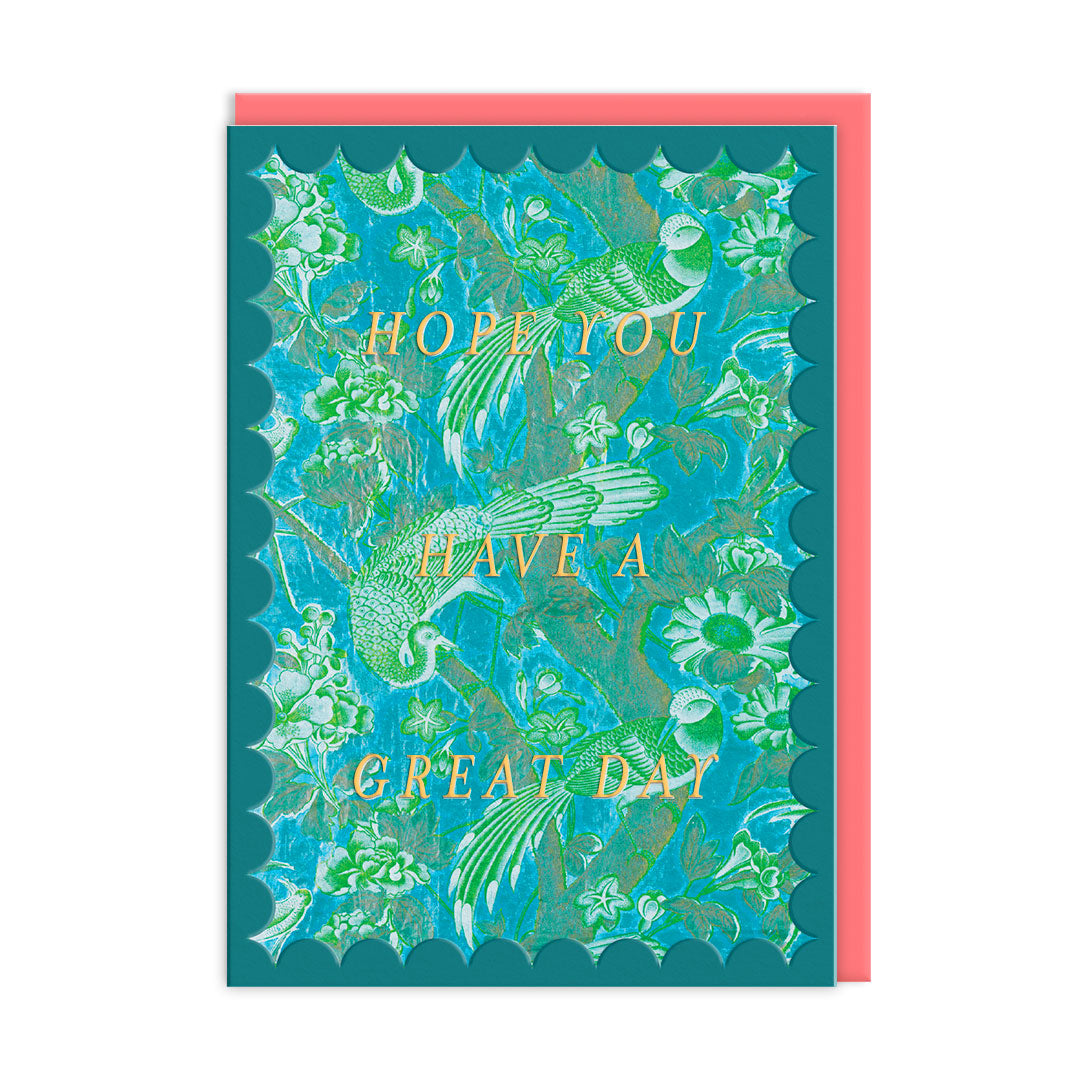 Scalloped Turquoise Birds of Paradise Birthday Card