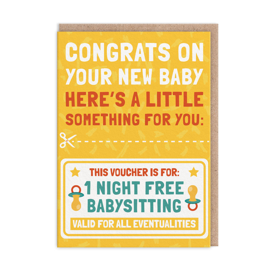 New baby card with a novelty voucher for 1 night of free babysitting.