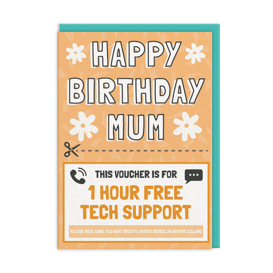 Mum birthday card with a voucher entitling her to 1 hour free tech support