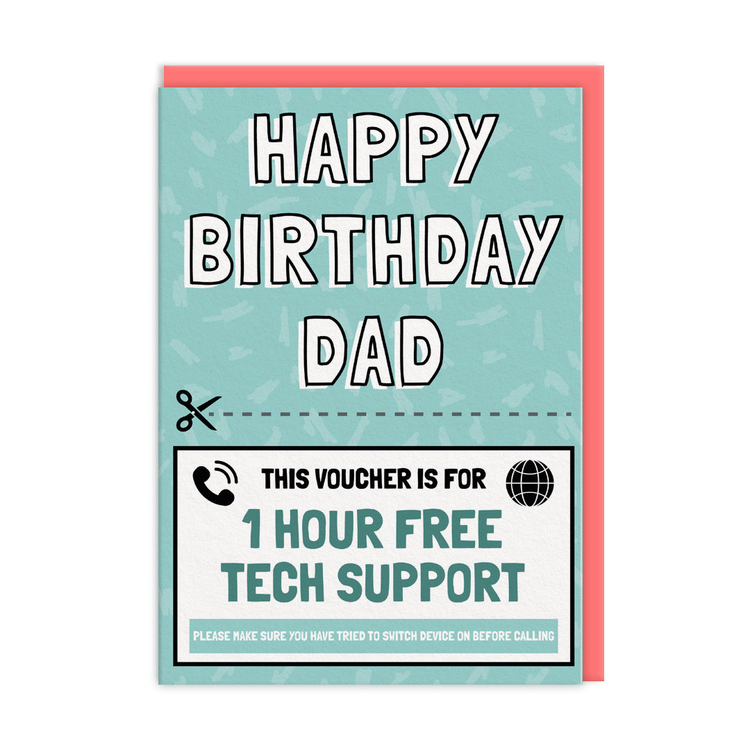Dad birthday card with a novelty voucher for 1 hour of free tech support