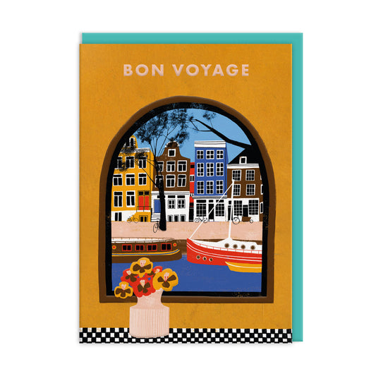 Leaving card with a framed Amsterdam Canal scene with text that reads "Bon Voyage"