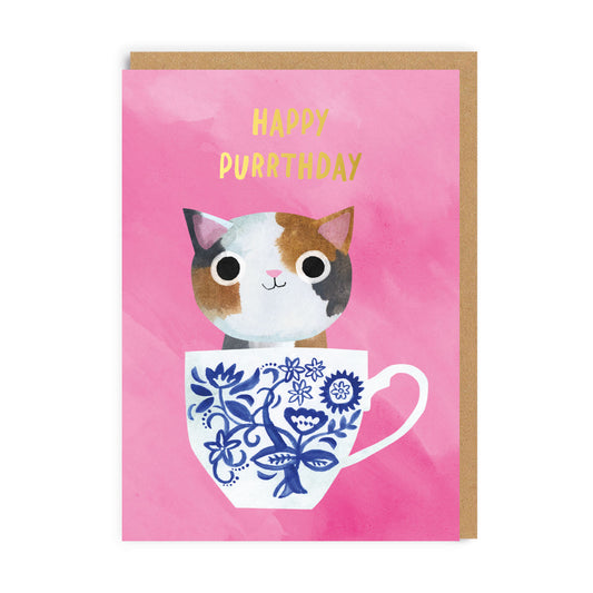 Pink Teacup Cat Birthday Card