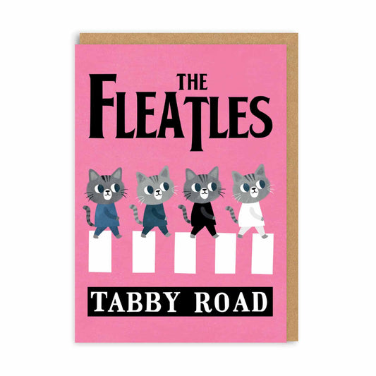 Greeting card with 4 cats as the Beatles on the abbey road album cover