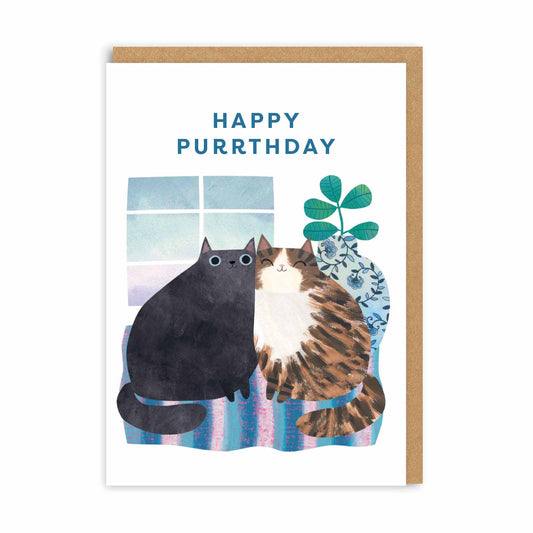 birthday card featuring a black and tabby cat with text that reads Happy Purrthday