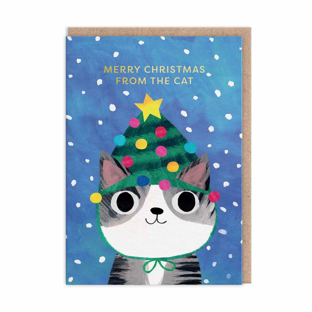 Cute Christmas Card with a cartoon cat in a Christmas Tree hat Text, finished in Gold Foil, reads "Merry Christmas From The Cat"