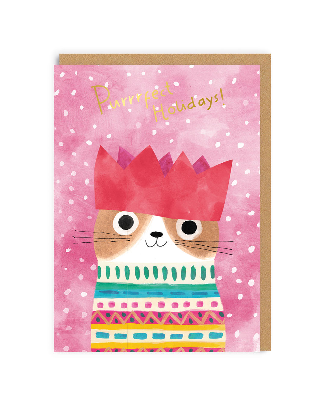 Christmas card with a cat in a party hat. Gold text that reads Purrfect Holidays