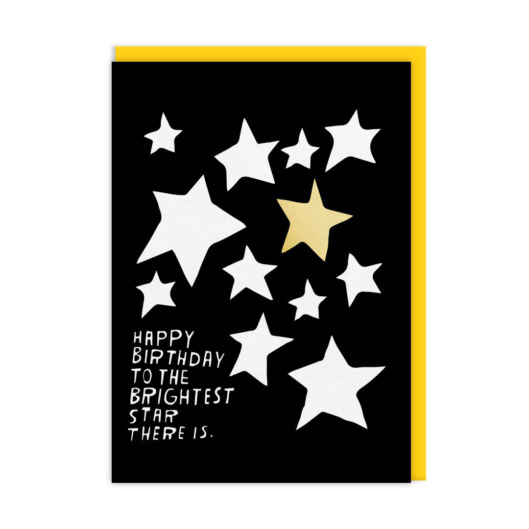 Birthday card with a Design of a black background with a number of star illustrations with one finished in gold. Caption reads "Happy Birthday To The Brightest Star There Is" and accompanying Yellow Envelope