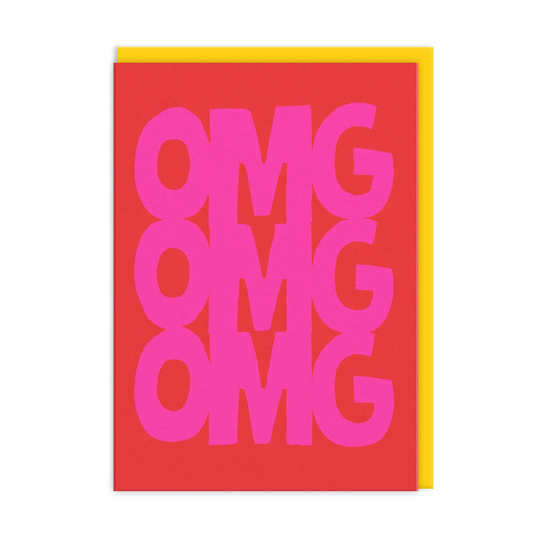 Greeting card with a pink background and large lettering in dark pink that reads "OMG OMG OMG" with accompanying yellow envelope