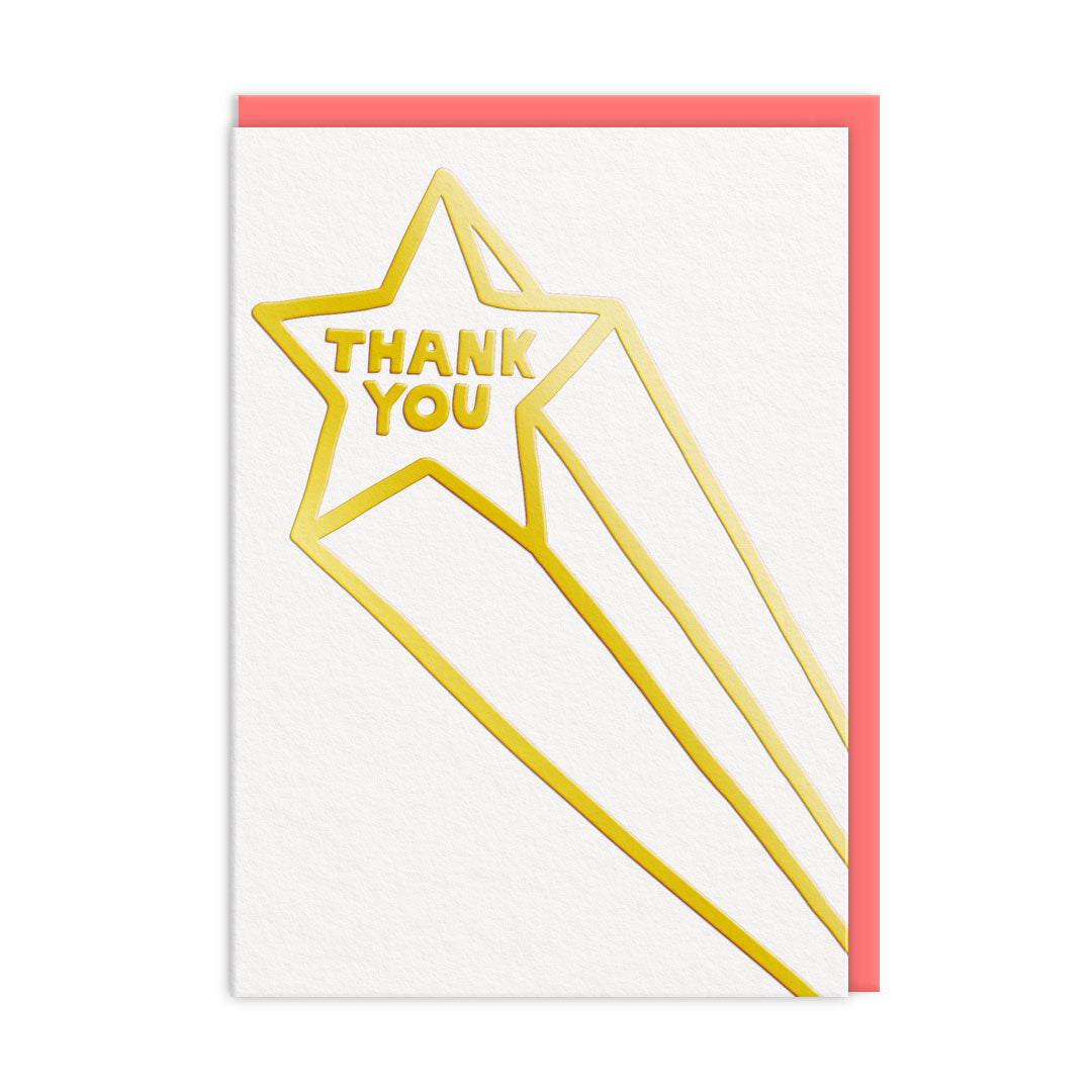 Thank you card with a star design that is finished in gold foil. Text reads Thank You