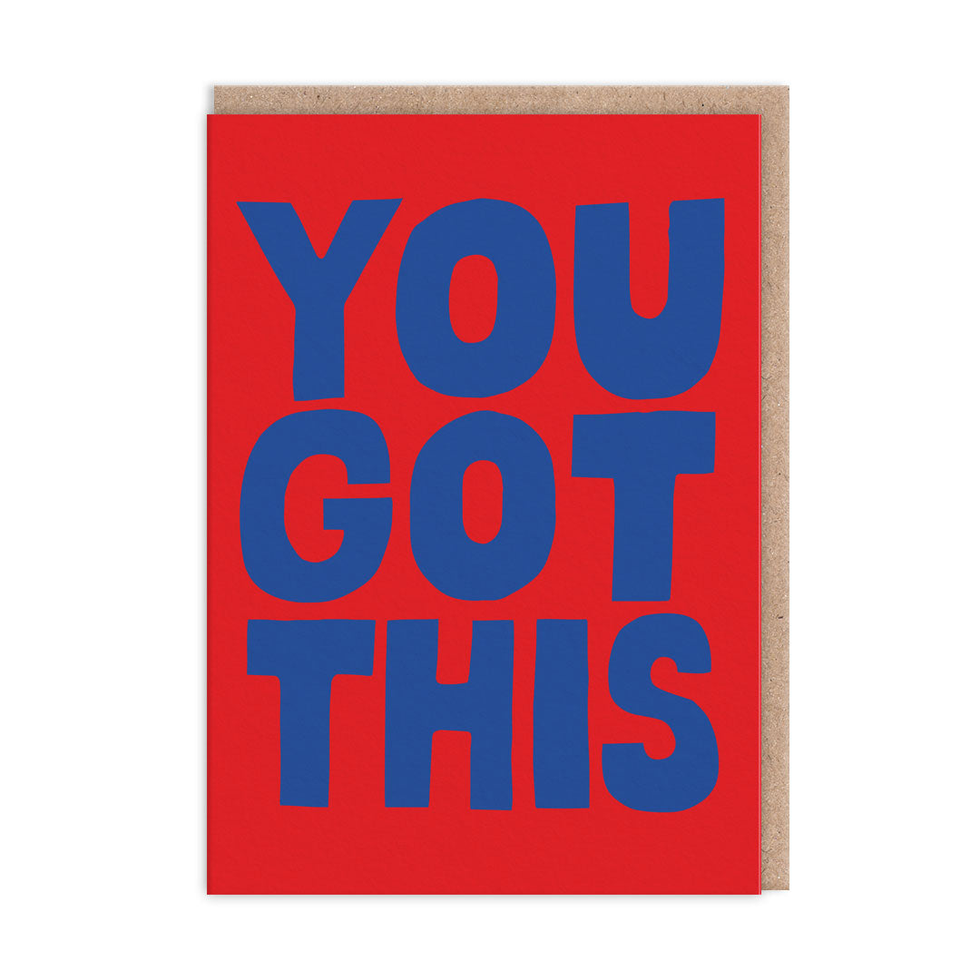Bright red Good Luck Card with large blue text that reads YOU GOT THIS