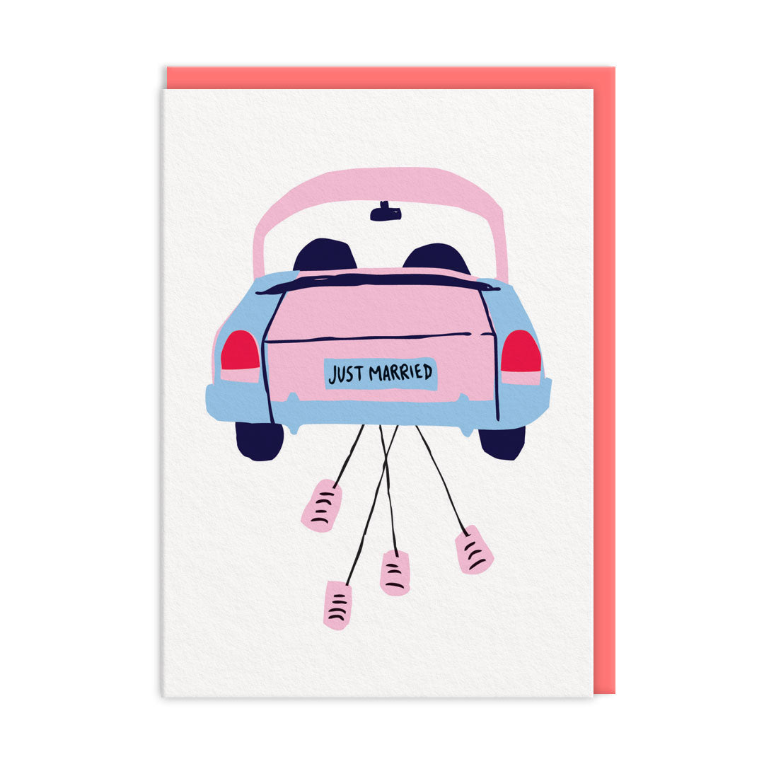 Wedding card with an illustration of a car with trailing cans. The number plate on the reads "Just Married"