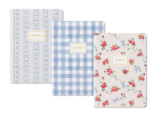Blue Floral & Check Premium 3x Stitched Notebook Set (A5 Mini)