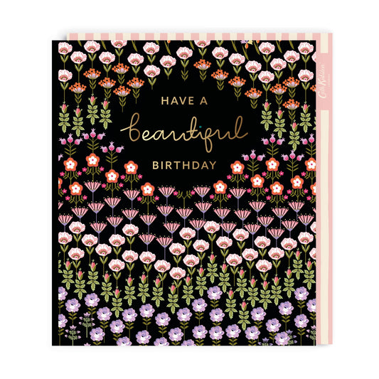 Dark floral ditsy design with gold foil lettering that reads Have A beautiful Birthday