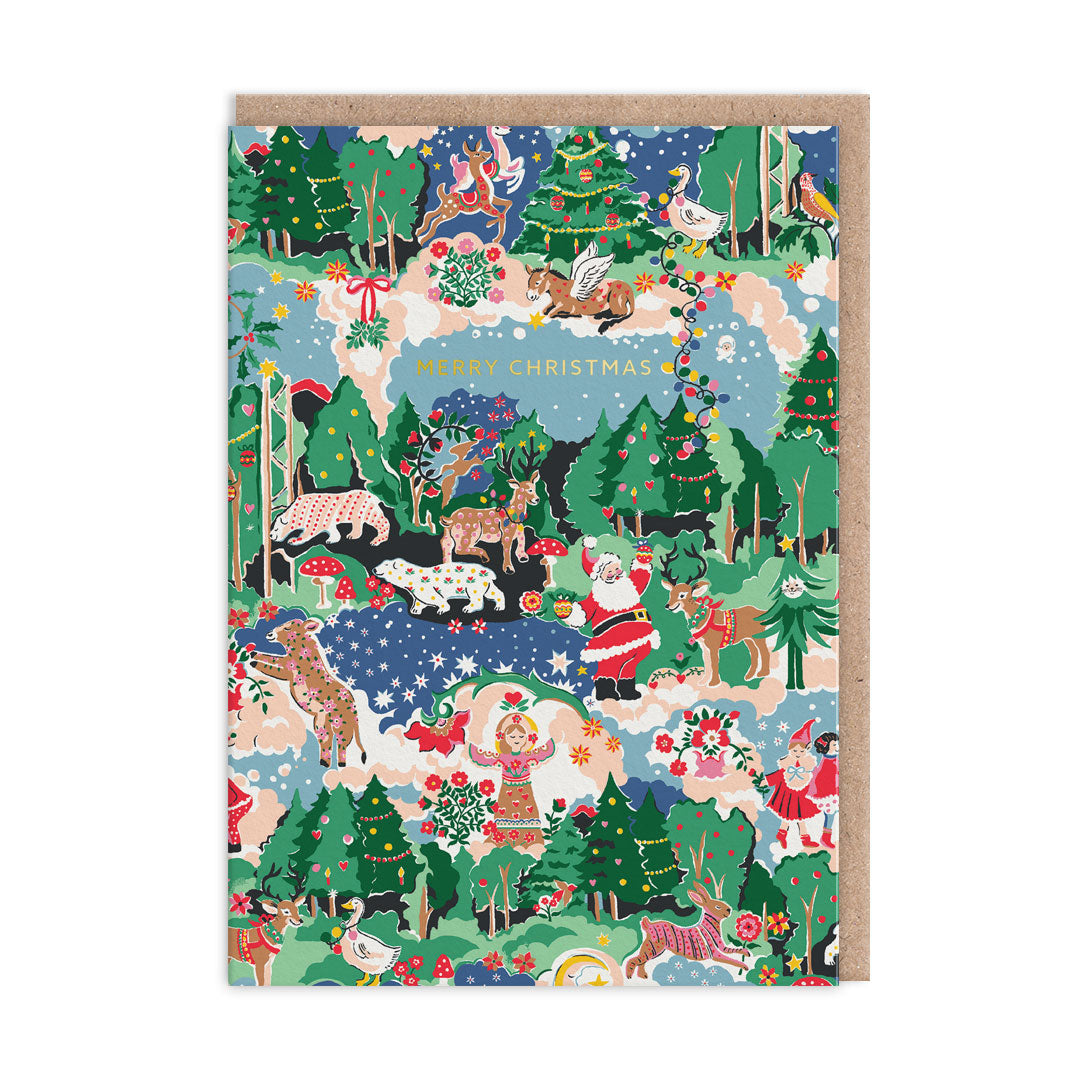 Cath Kidston Christmas Card. Illustrations of different Christmas legends and folklore. Gold Foil Text reads "Merry Christmas"