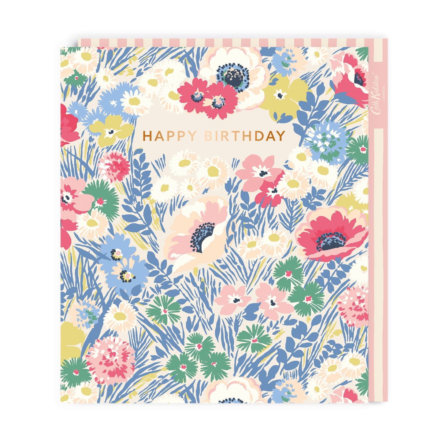 Birthday card with a colourful meadow floral design and a caption reading Happy Birthday