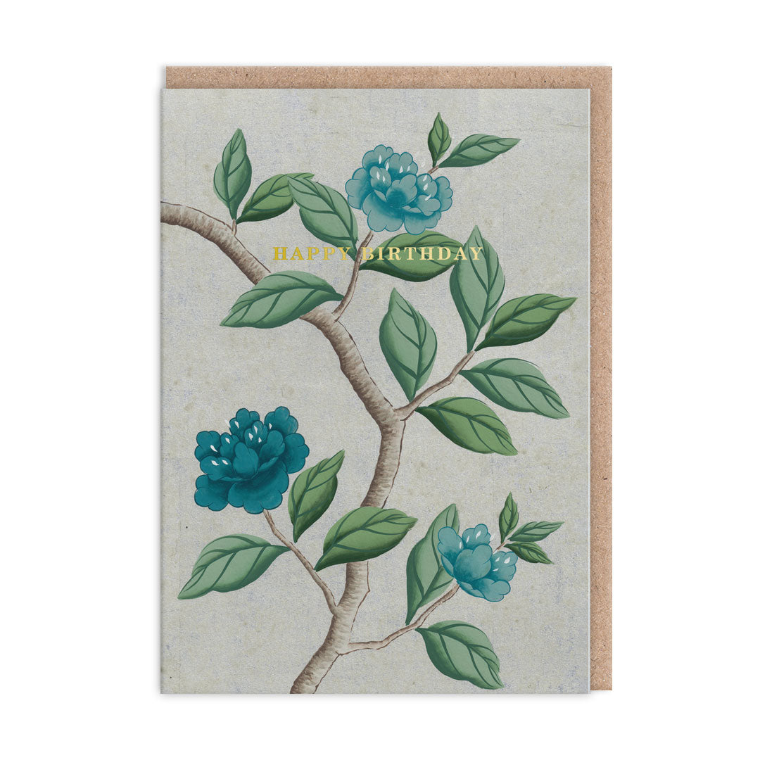 Birthday Card with a Climbing Flowers illustration. Gold Foil text reads "happy Birthday"