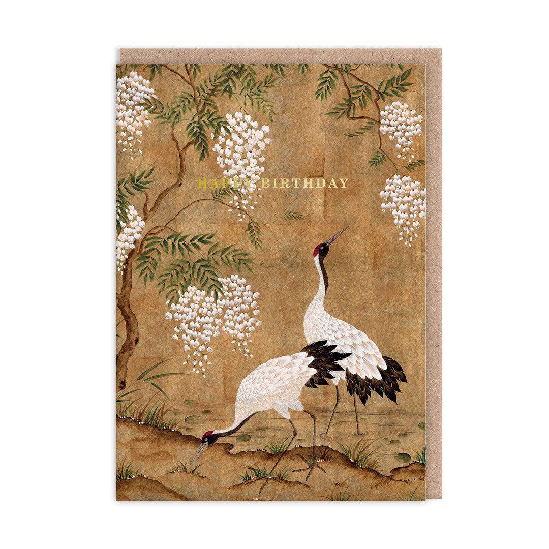 Birthday card featuring an illustration of Cranes and Wisteria flowers by Diane Hill. Gold Foil text reads Happy Birthday