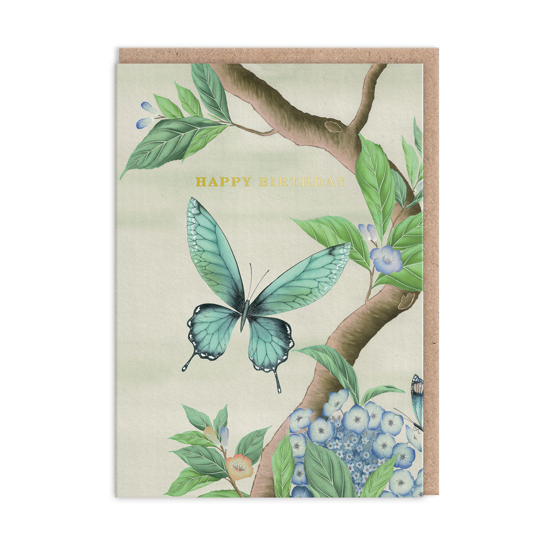 Birthday Card with a butterfly illustration by Diane Hill and Gold Foil tet that reads "Happy Birthday"