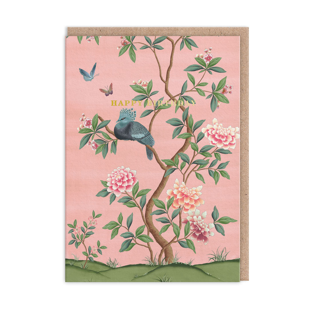 Pink birthday card with a Faraway Tree illustration by Diane Hill. Gold Foil text reads Happy Birthday
