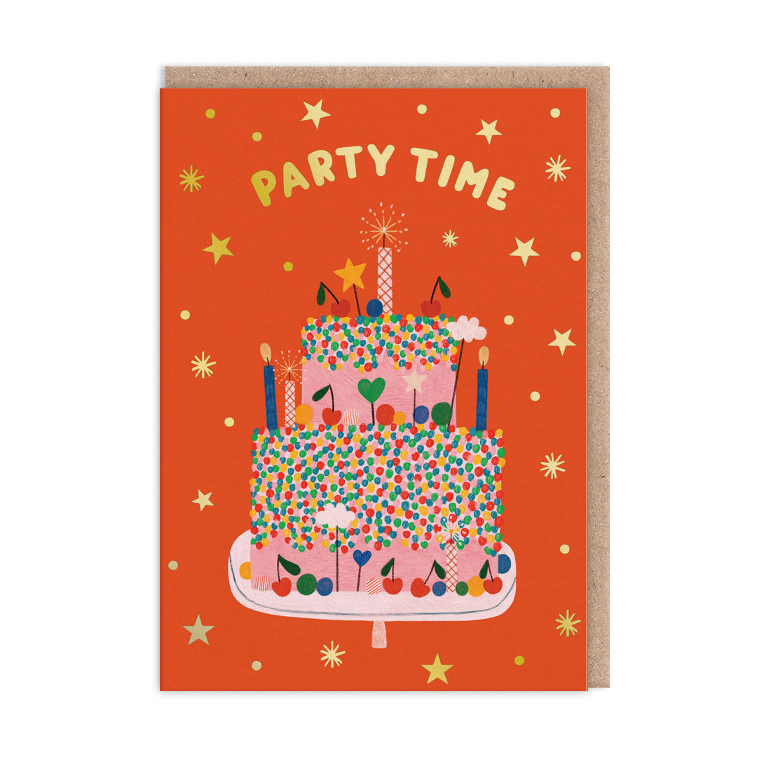 Bright red birthday card with a birthday cake illustration. Gold foil text reads "Party Time"