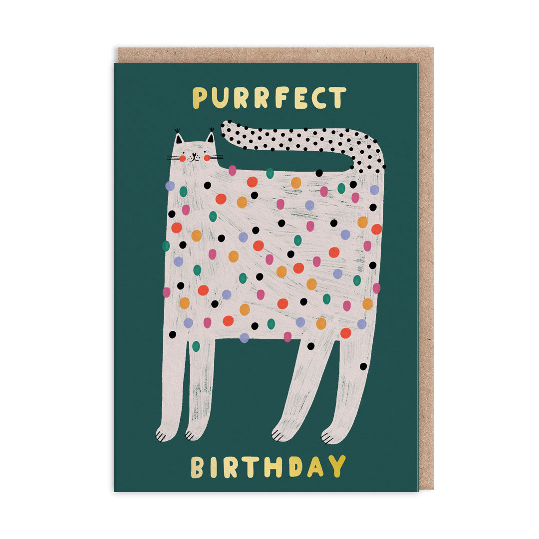 Birthday Card with an artistic spotted cat illustration. Gold foil text reads "Purrfect Birthday"