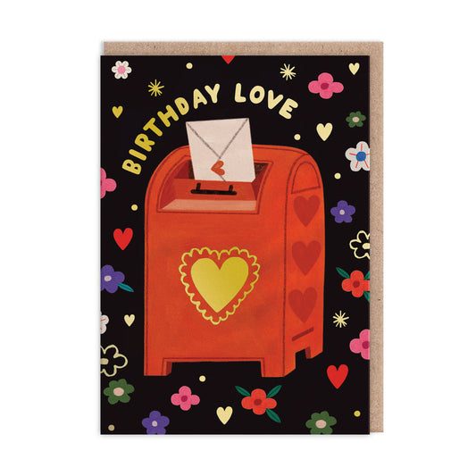Birthday card with a letter going into a postbox illustration. Gold Foil text reads "Birthday Love"