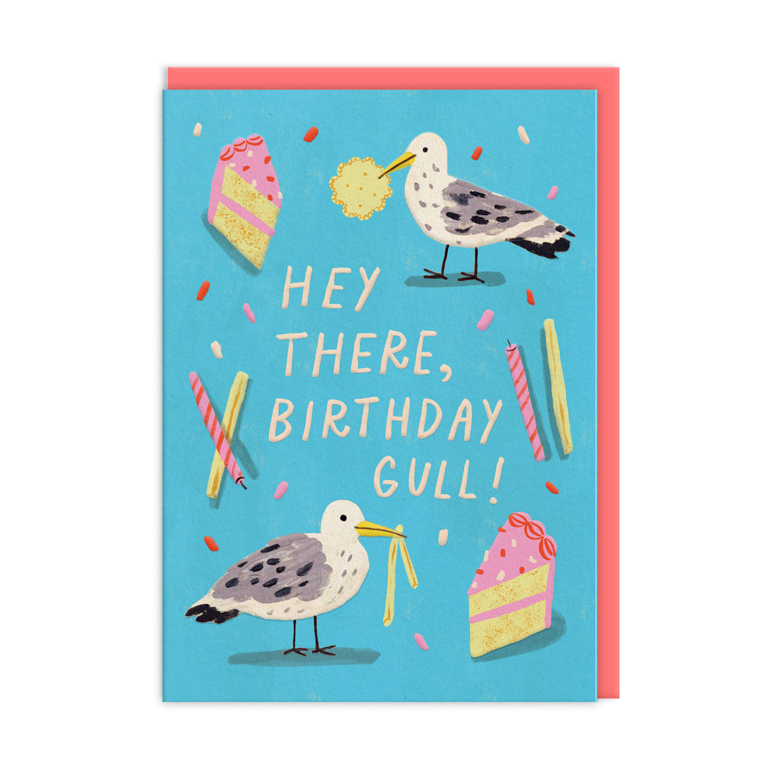 Blue Birthday card with seagull illustrations. Text reads Hey There Birthday Gull