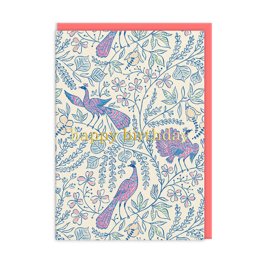 Birthday card with an intricate and detailed illustration by Emily Taylor featuring peacocks and florals. Gold foil text reads happy Birthday