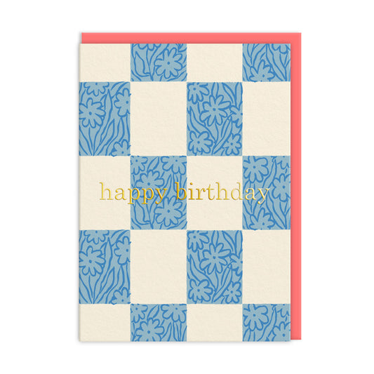 Birthday card with Checked floral design by Emily Taylor with gold foil text that reads Happy Birthday