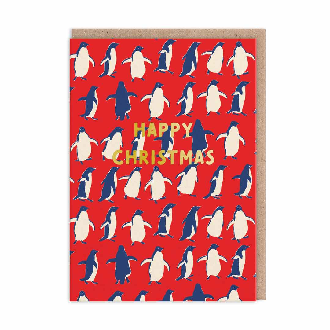 Colourful Christmas Card featuring illustrations of Dancing Penguins. Gold Foil text reads "Happy Christmas"