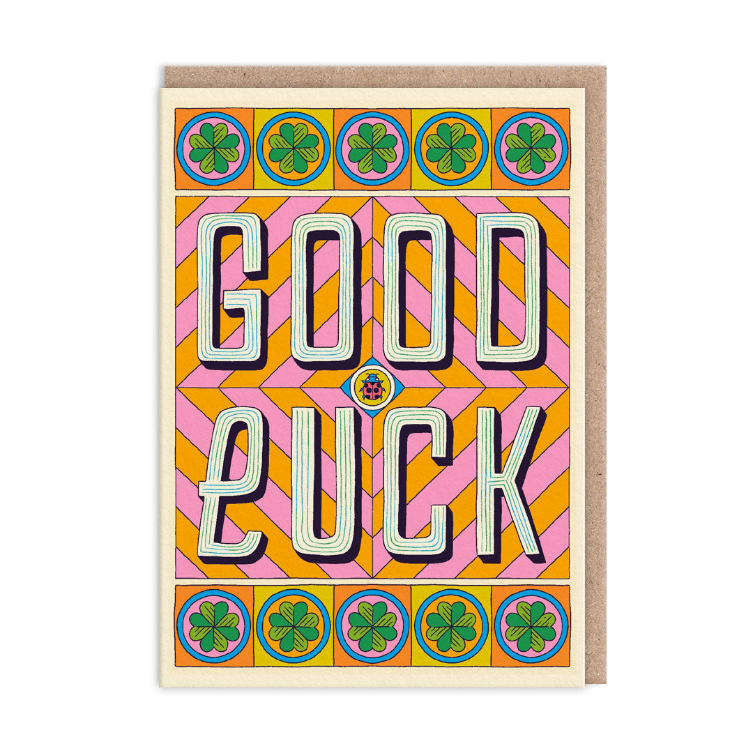 Good Luck card with a Celtic inspired theme and bright colours. Large text reads GOOD LUCK