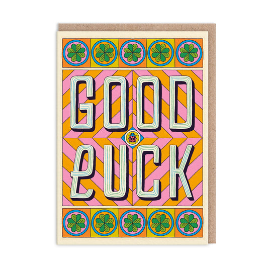 Good Luck card with a Celtic inspired theme and bright colours. Large text reads GOOD LUCK