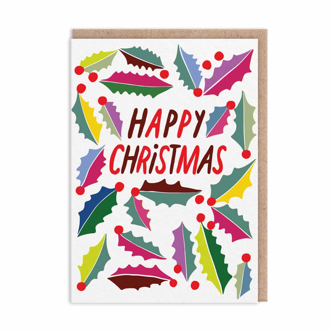 Colourful Christmas Card with holly illustrations. Neon finished text reads "Happy Christmas"