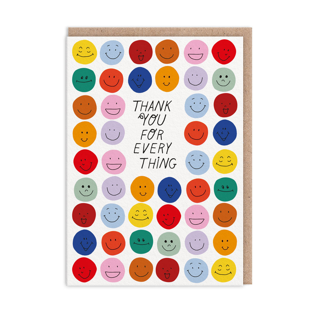 Thank you card with multi-coloured smiley faces. Text reads "Thank You For Everything"