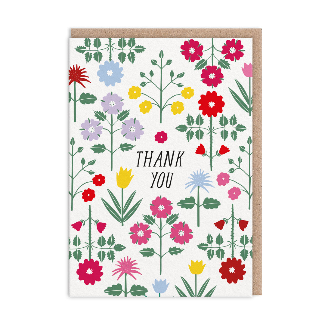 Thank you card with a colourful floral pattern. Text reads "Thank You"