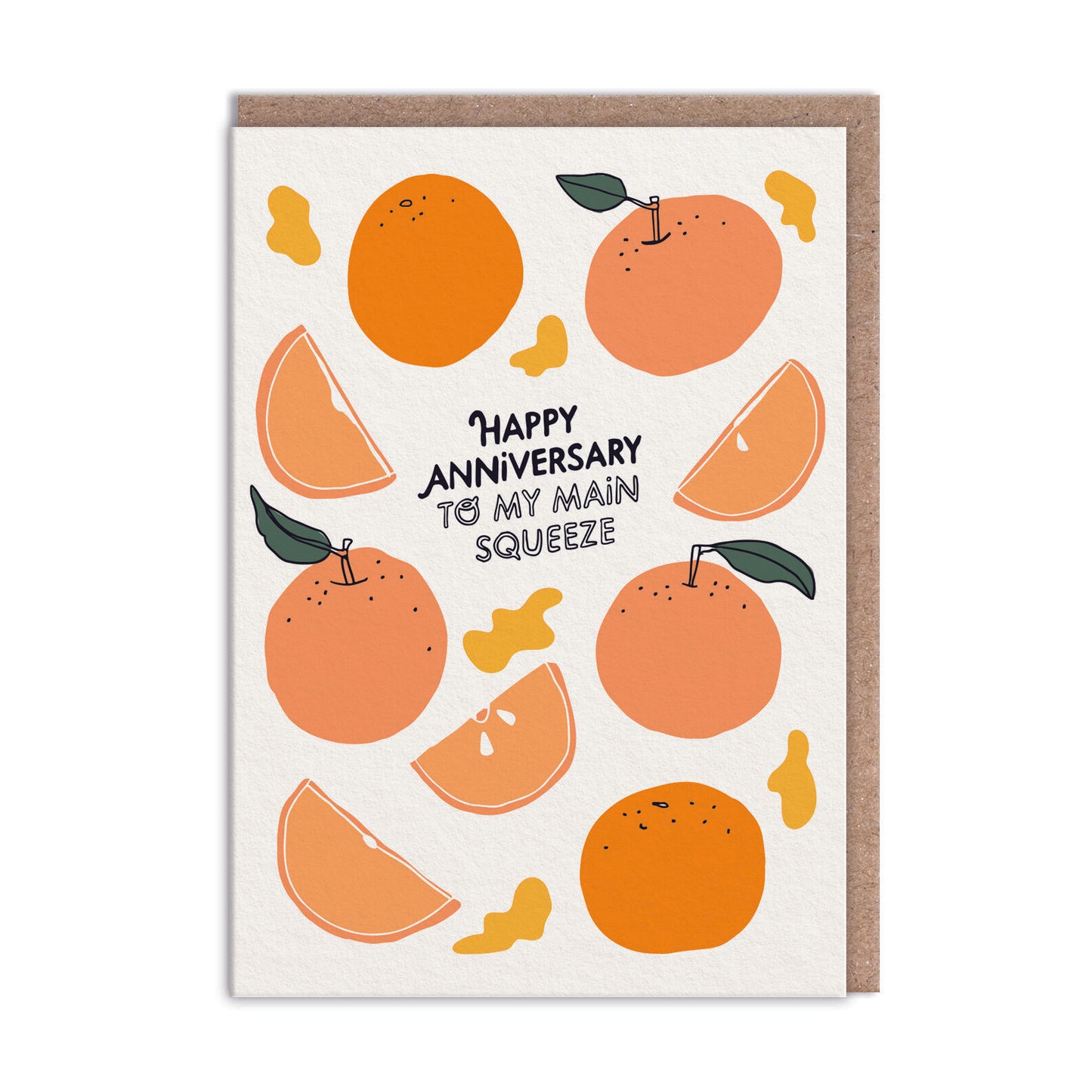 Anniversary card with illustrations of oranges. Text reads "Happy Anniversary To My Main Squeeze"