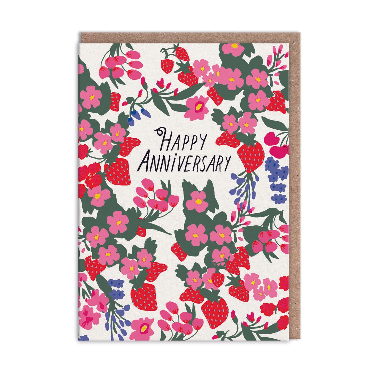 Anniversary card with a flowers and strawberries illustration. Text reads "Happy Anniversary"