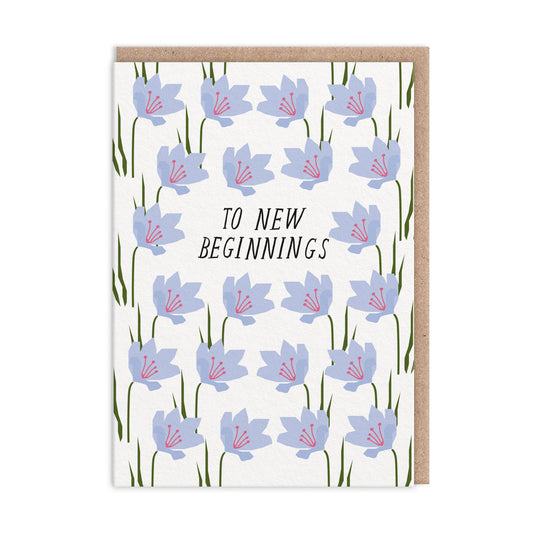 Floral design greeting card by Hartland. Text reads "To New Beginnings"