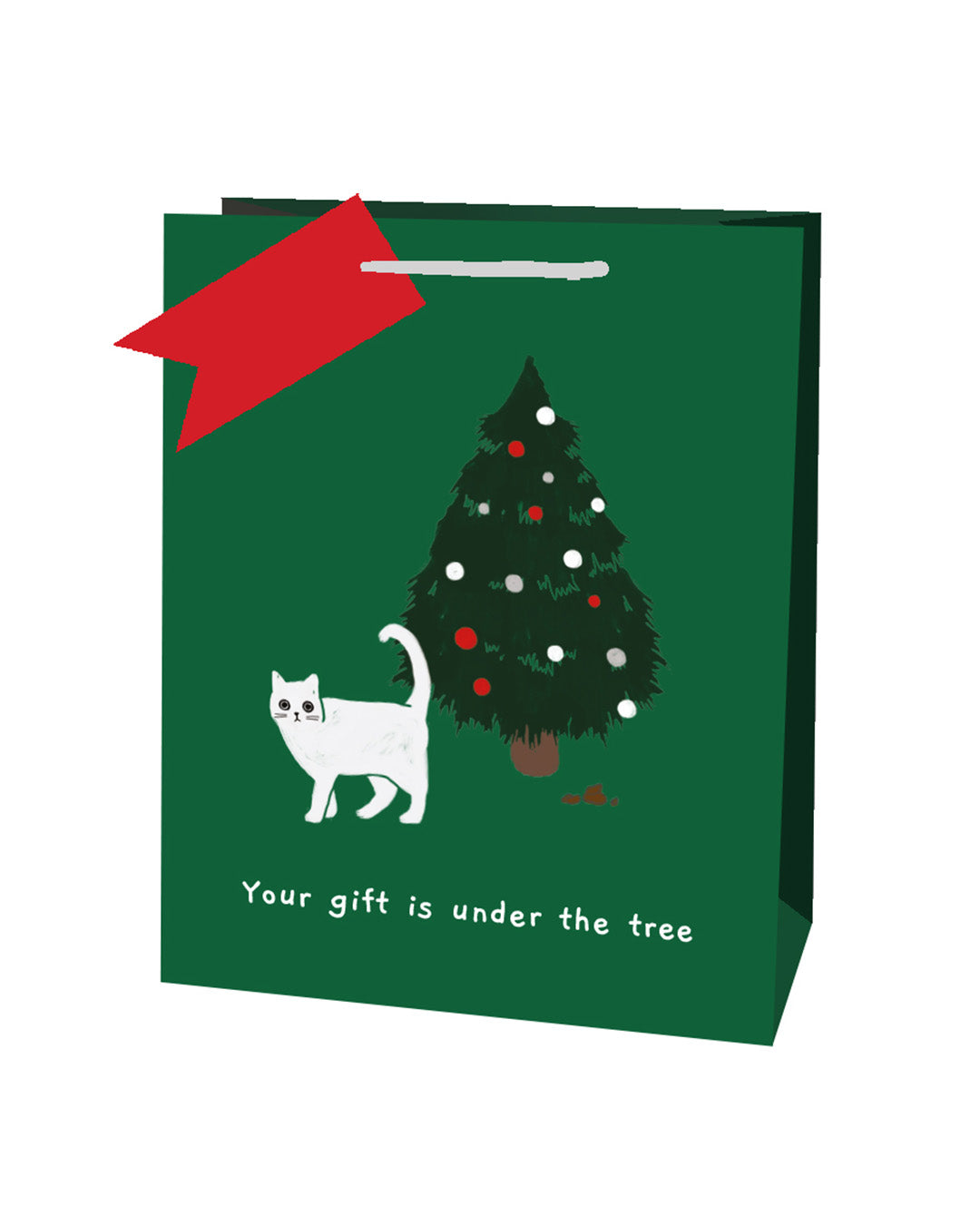 Large Green Christmas Gift Bag with illustration of ken the cat with poo under a Christmas Tree. White text reads Your Gift Is Under The Tree