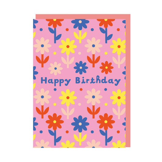 Colourful birthday card with a floral repeat design with the text Happy Birthday