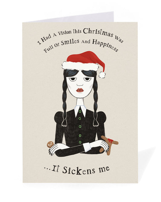 Personalised Wednesday Addams Christmas Card. Illustration of Netflix's Wednesday Addams