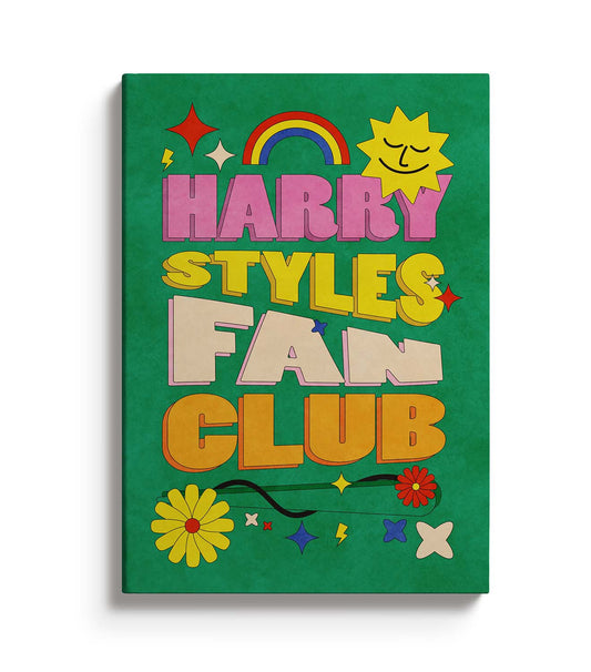 Green notebook with large font text Harry Styles Fan Club