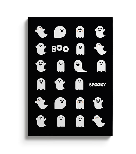 Black notebook with ghost illustrations and text that reads Boo and Spooky