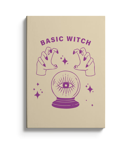 Cream Notebook with purple crystal ball and hands illustration and text reading Basic Witch