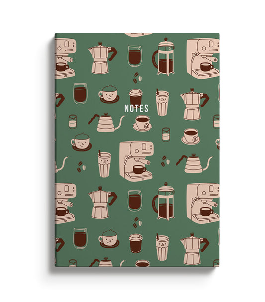 Green notebook featuring illustrations of Coffee machines, cups, beans, percolators
