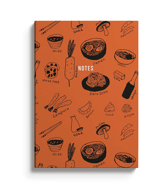 Ramen illustrations on an orange notebook
