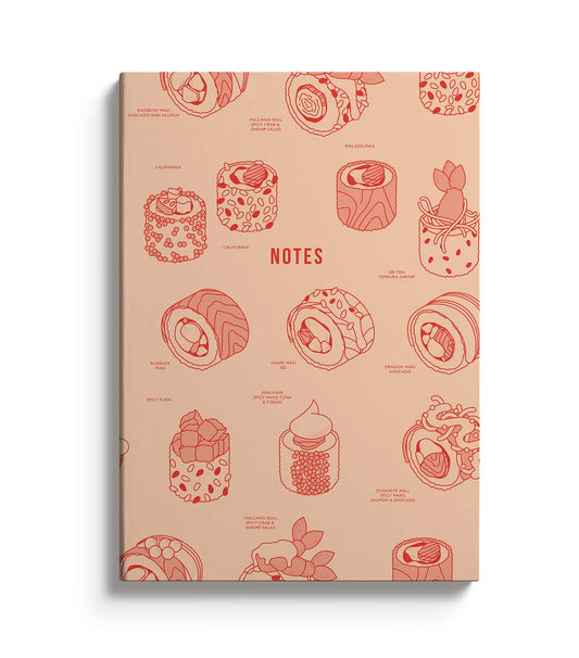 Peach notebook with Sushi illustrations and labels
