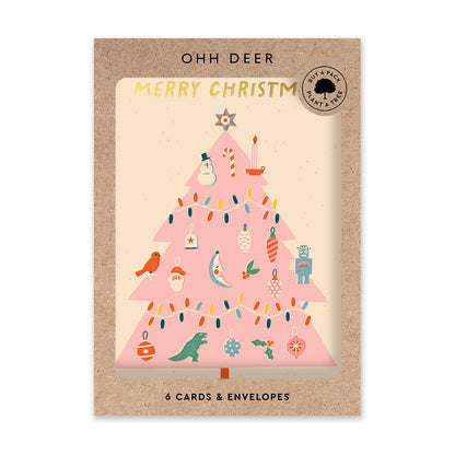 Pack of 6 Christmas Cards - Pink Christmas Tree