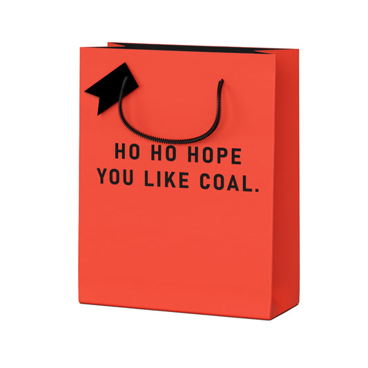 Large Red funny Christmas Gift Bag with Black text reading Ho Ho Hope You Like Coal
